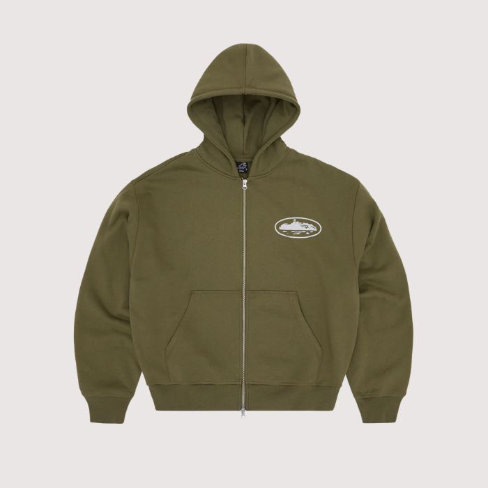Corteiz Island Puff Print Zip Hoodie Olive